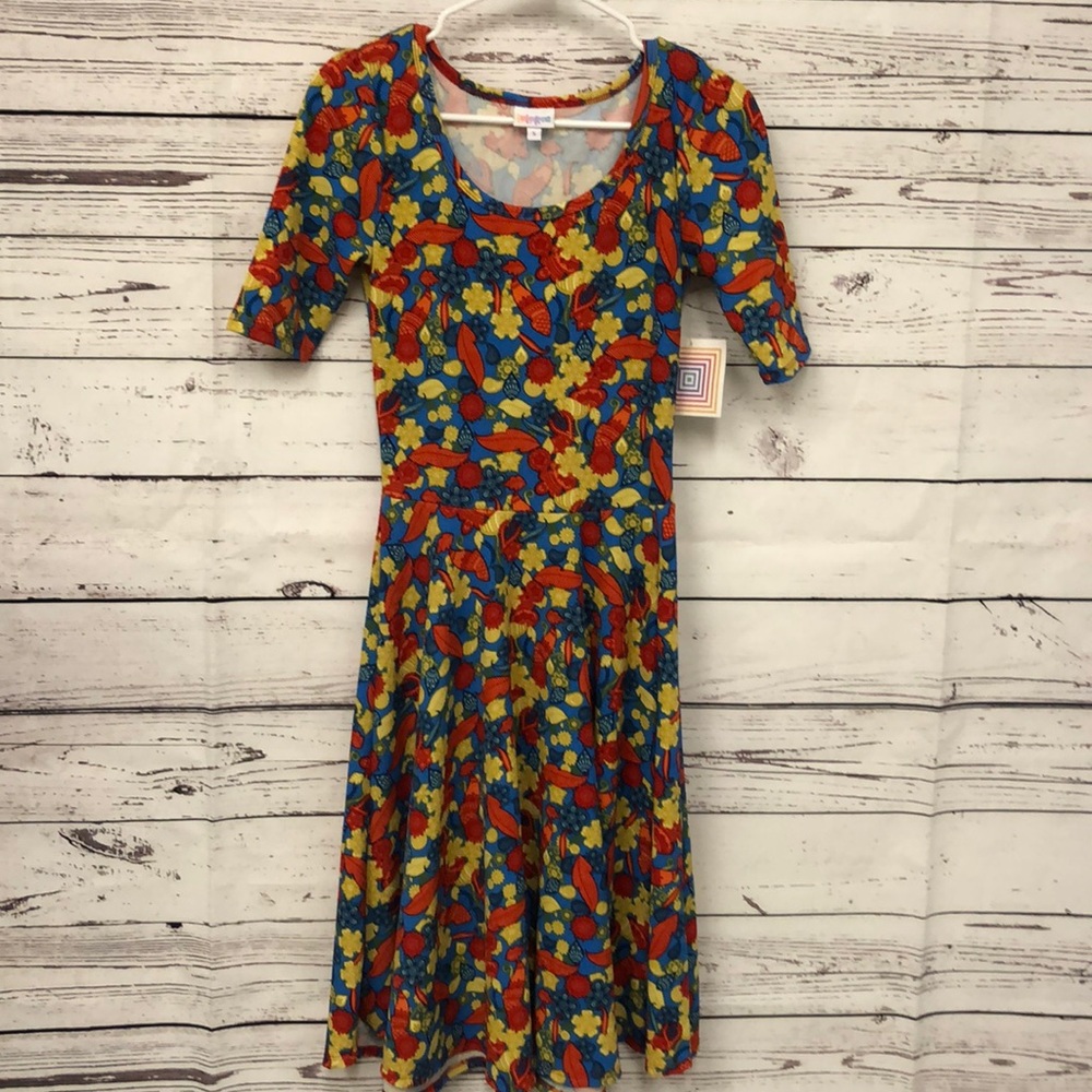 LulaRoe bright‎ feather ornament print Nicole dress - Picture 2 of 5